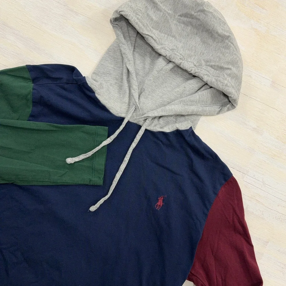 Polo Ralph Lauren Hoodie T-Shirt Medium Colorblock Long Sleeve Navy Mens